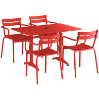 Lancaster Table & Seating 32 inch x 48 inch Red Powder-Coated Aluminum Dining Height Outdoor Table with Umbrella Hole and 4 Arm Chairs