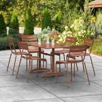Lancaster Table & Seating 32 inch x 60 inch Brown Powder-Coated Aluminum Dining Height Outdoor Table with Umbrella Hole and 6 Side Chairs