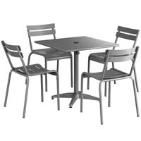 Lancaster Table & Seating 32" x 32" Matte Gray Powder-Coated Aluminum Dining Height Outdoor Table with Umbrella Hole and 4 Side Chairs