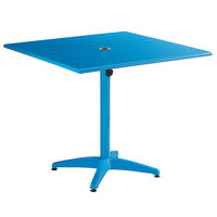 Lancaster Table & Seating 36 inch x 36 inch Blue Powder-Coated Aluminum Dining Height Outdoor Table with Umbrella Hole and 4 Side Chairs