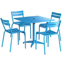 Lancaster Table & Seating 36 inch x 36 inch Blue Powder-Coated Aluminum Dining Height Outdoor Table with Umbrella Hole and 4 Side Chairs