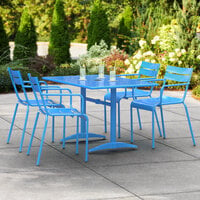 Lancaster Table & Seating 32 inch x 48 inch Blue Powder-Coated Aluminum Dining Height Outdoor Table with Umbrella Hole and 4 Arm Chairs