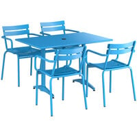 Lancaster Table & Seating 32" x 48" Blue Powder-Coated Aluminum Dining Height Outdoor Table with Umbrella Hole and 4 Arm Chairs