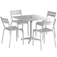Lancaster Table & Seating 36 inch x 36 inch Silver Powder-Coated Aluminum Dining Height Outdoor Table with Umbrella Hole and 4 Side Chairs