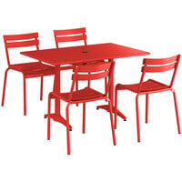 Lancaster Table & Seating 32 inch x 48 inch Red Powder-Coated Aluminum Dining Height Outdoor Table with Umbrella Hole and 4 Side Chairs