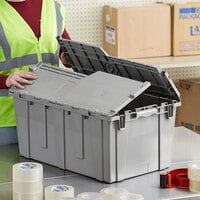 Choice 25 1/4 inch x 15 1/2 inch x 12 1/8 inch Stackable Grey Industrial Tote / Storage Box with Attached Lid