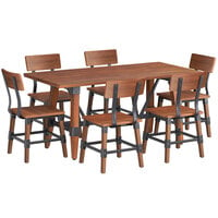Lancaster Table & Seating Industrial 30" x 60" Antique Walnut Solid Wood Live Edge Standard Height Trestle Table with 6 Chairs