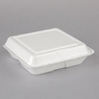 Dart 80HT3R 8 inch x 7 1/2 inch x 2 inch White Foam Three-Compartment Square Take Out Container with Hinged Lid - 200/Case