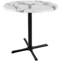 Holland Bar Stool OD211-3036BWOD30RWM 30 inch Round White Marble Laminate Outdoor / Indoor Counter Height Table with Cross Base