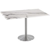 Holland Bar Stool OD214-2236SSOD3048WM 30" x 48" White Marble Laminate Outdoor / Indoor Counter Height Table with Stainless Steel Round Base