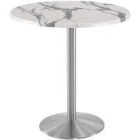 Holland Bar Stool OD214-2242SSOD36RWM 36" Round White Marble Laminate Outdoor / Indoor Bar Height Table with Stainless Steel Round Base