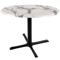 Holland Bar Stool OD211-3030BWOD30RWM 30 inch Round White Marble Laminate Outdoor / Indoor Standard Height Table with Cross Base