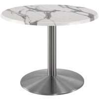 Holland Bar Stool OD214-2230SSOD30RWM 30" Round White Marble Laminate Outdoor / Indoor Standard Height Table with Stainless Steel Round Base