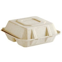 Tellus Products 8 inch x 8 inch 3-Compartment No PFAS Added Natural Bagasse Clamshell Container - 200/Case