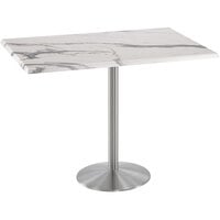 Holland Bar Stool OD214-2242SSOD3048WM 30" x 48" White Marble Laminate Outdoor / Indoor Bar Height Table with Stainless Steel Round Base