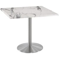 Holland Bar Stool OD214-2236SSOD36SQWM 36" Square White Marble Laminate Outdoor / Indoor Counter Height Table with Stainless Steel Round Base