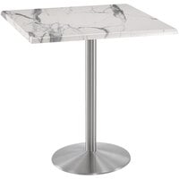Holland Bar Stool OD214-2242SSOD36SQWM 36" Square White Marble Laminate Outdoor / Indoor Bar Height Table with Stainless Steel Round Base