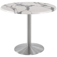 Holland Bar Stool OD214-2236SSOD36RWM 36" Round White Marble Laminate Outdoor / Indoor Counter Height Table with Stainless Steel Round Base