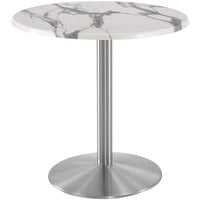 Holland Bar Stool OD214-2236SSOD30RWM 30" Round White Marble Laminate Outdoor / Indoor Counter Height Table with Stainless Steel Round Base