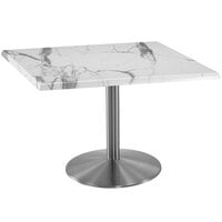 Holland Bar Stool OD214-2230SSOD36SQWM 36" Square White Marble Laminate Outdoor / Indoor Standard Height Table with Stainless Steel Round Base