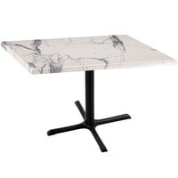Holland Bar Stool OD211-3030BWOD36SQWM 36 inch Square White Marble Laminate Outdoor / Indoor Standard Height Table with Cross Base