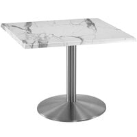 Holland Bar Stool OD214-2230SSOD30SQWM 30" Square White Marble Laminate Outdoor / Indoor Standard Height Table with Stainless Steel Round Base