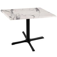 Holland Bar Stool OD211-3030BWOD30SQWM 30 inch Square White Marble Laminate Outdoor / Indoor Standard Height Table with Cross Base