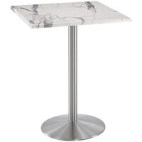 Holland Bar Stool OD214-2242SSOD30SQWM 30" Square White Marble Laminate Outdoor / Indoor Bar Height Table with Stainless Steel Round Base