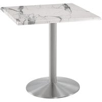 Holland Bar Stool OD214-2236SSOD30SQWM 30" Square White Marble Laminate Outdoor / Indoor Counter Height Table with Stainless Steel Round Base