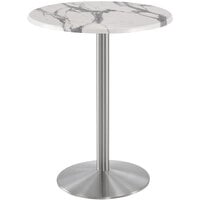 Holland Bar Stool OD214-2242SSOD30RWM 30" Round White Marble Laminate Outdoor / Indoor Bar Height Table with Stainless Steel Round Base