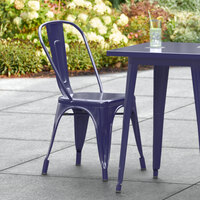 Lancaster Table & Seating Alloy Series Navy Metal Indoor / Outdoor Industrial Cafe Chair with Vertical Slat Back and Drain Hole Seat