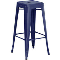 Lancaster Table & Seating Alloy Series Navy Stackable Metal Indoor / Outdoor Industrial Barstool with Drain Hole Seat
