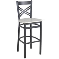 BFM Seating Akrin Sand Black Steel Cross Back Barstool with Relic Antique Wash Melamine Seat