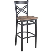 BFM Seating Akrin Sand Black Steel Cross Back Barstool with Relic Knotty Pine Melamine Seat