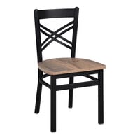 BFM Seating Akrin Sand Black Steel Cross Back Chair with Relic Knotty Pine Melamine Seat