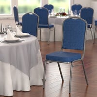 Lancaster Table & Seating Navy Fabric Crown Back Stackable Banquet Chair with Silver Vein Frame