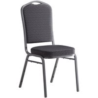 Lancaster Table & Seating Black Pattern Fabric Crown Back Stackable Banquet Chair with Silver Vein Frame