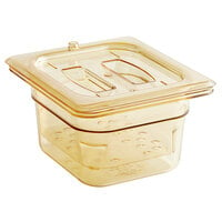 Cambro H-Pan™ 1/6 Size Amber High Heat Plastic 4" Food Pan with Colander Pan and Lid