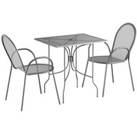 Lancaster Table & Seating Harbor Gray 24" x 30" Rectangular Dining Height Powder-Coated Steel Mesh Table with Ornate Legs and 2 Armchairs