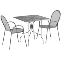 Lancaster Table & Seating Harbor Gray 30" Square Dining Height Powder-Coated Steel Mesh Table with Ornate Legs and 2 Armchairs