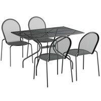 Lancaster Table & Seating Harbor Black 30" x 48" Rectangular Dining Height Powder-Coated Steel Mesh Table with Modern Legs and 4 Side Chairs