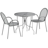 Lancaster Table & Seating Harbor Gray 30" Round Dining Height Powder-Coated Steel Mesh Table with Ornate Legs and 2 Armchairs