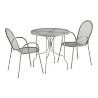 Lancaster Table & Seating Harbor Gray 30" Round Outdoor Standard Height Table with Ornate Legs and 2 Arm Chairs