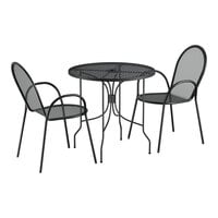 Lancaster Table & Seating Harbor Black 30" Round Outdoor Standard Height Table with Ornate Legs and 2 Arm Chairs