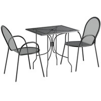 Lancaster Table & Seating Harbor Black 24" x 30" Rectangular Dining Height Powder-Coated Steel Mesh Table with Ornate Legs and 2 Armchairs