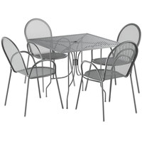 Lancaster Table & Seating Harbor Gray 36 inch Square Dining Height Powder-Coated Steel Mesh Table with Ornate Legs and 4 Armchairs
