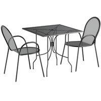 Lancaster Table & Seating Harbor Black 30 inch Square Dining Height Powder-Coated Steel Mesh Table with Ornate Legs and 2 Armchairs