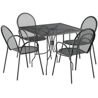 Lancaster Table & Seating Harbor Black 36 inch Square Dining Height Powder-Coated Steel Mesh Table with Ornate Legs and 4 Armchairs