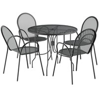 Lancaster Table & Seating Harbor Black 36 inch Round Outdoor Standard Height Table with Ornate Legs and 4 Arm Chairs