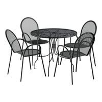 Lancaster Table & Seating Harbor Black 36" Round Outdoor Standard Height Table with Ornate Legs and 4 Arm Chairs